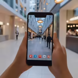 someone holding up their phone taking a picture in a mall