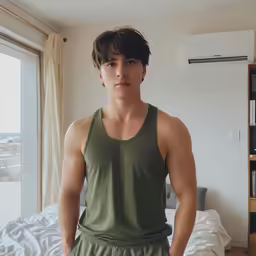 a man standing in a bed wearing green shorts