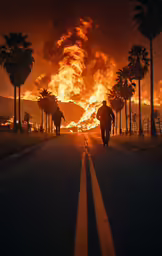 the image shows flames burning behind a man and horses