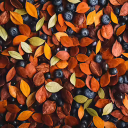 there are blueberries, orange and yellow leaves in a pile