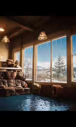 this living room has a hot tub next to a large window that looks out over a lake