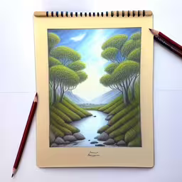 the drawing of a stream has been drawn on a notepad