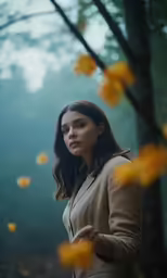 a woman looking down at the ground while in the woods