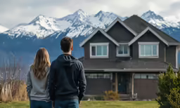 two people standing in front of a house with mountains in the background
