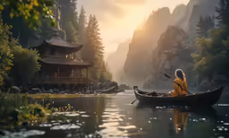 a person riding in a canoe on a lake