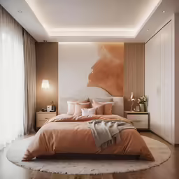 a bedroom with a large bed and orange bedspread