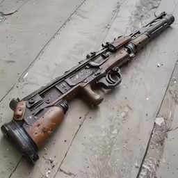 an automatic rifle lying on concrete with a bullet