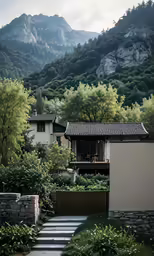 a picture of a home with mountains in the background