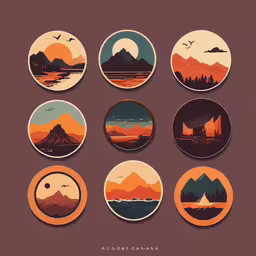 a circular set of nine mountains and lake badges with an orange, red, orange and blue,nine illustrations of nature and mountains for a website