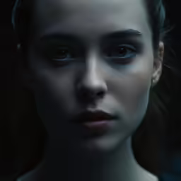 a woman with blue eyes stares off into the camera