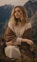 a woman sitting in the grass with mountains in the background