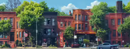 the cars are parked in front of the buildings