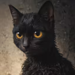 a black cat with orange eyes is looking at the camera