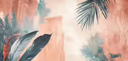 a palm tree is shown with leaves and tall buildings