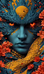 a very strange blue woman with yellow and orange colors on her face