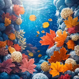 a underwater scene with a coral and colorful fall leaves