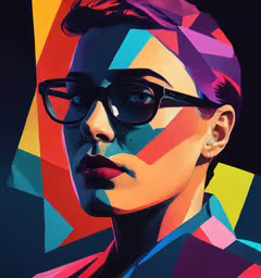 a woman with sunglasses and a hat in geometric shapes,a painting that resembles a woman wearing glasses