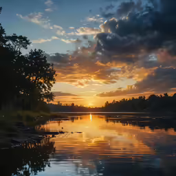 sunset view of calm river with dark clouds in sky