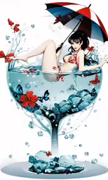 a woman in a bikini holding an umbrella floating into water