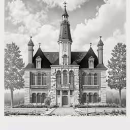the old mansion has many towers and is surrounded by trees