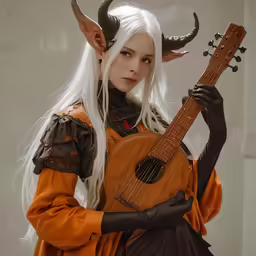 a close up of a person holding a guitar with horns