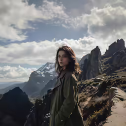 the woman standing on the top of the mountain looks at the camera