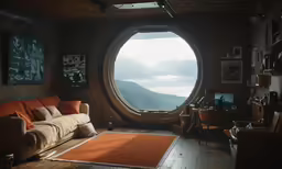 an image of a living room setting with round window