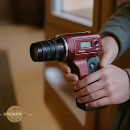 the man is holding a red and black camera