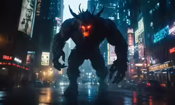 a large demon standing on the corner of a busy street