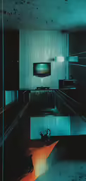 there is a tv on the wall behind a mirror