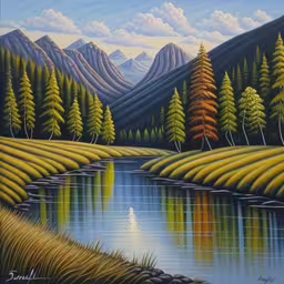 an oil painting of a beautiful mountain lake surrounded by trees,a painting of mountains and trees near the river