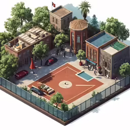 a big baseball field in the middle of a town