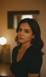 a woman looking up, sitting in the middle of a room