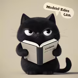 a cartoon picture of a black cat reading a book