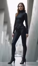 a woman in black is standing on a bridge