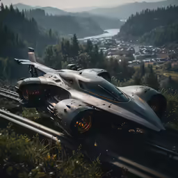 a futuristic car with two wheels sits on railroad tracks