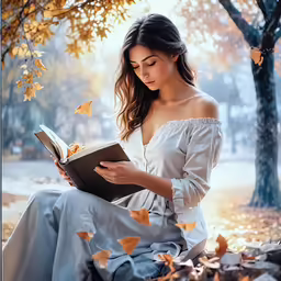 a woman sitting under a tree with a book
