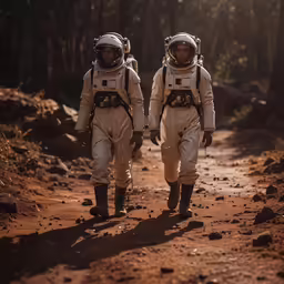 a couple of men walking on top of a dirt road