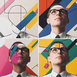 four shots of the same man in suits with different images on their face