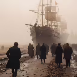 people walking along the beach near a large ship in the water