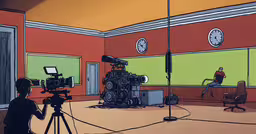 a camera man filming a tv room with clock dials,an image of a man standing in a room with a tv camera