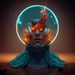 the image shows a woman in a cloak, surrounded by fire and water