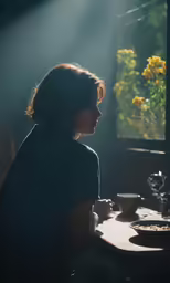 a woman is sitting in a restaurant drinking