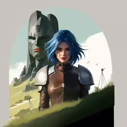 a computer generated image of an alien and a woman in armor