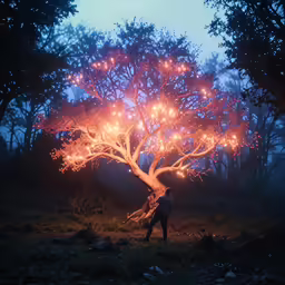 a man standing under a bright pink tree