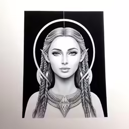the drawing shows a woman in braids and a moon
