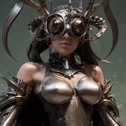 a woman with futuristic armor is dressed in steampunk