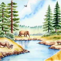 three animals standing near a river and forest,water and elephants in the middle of a forest