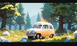 an orange car parked in the middle of the woods