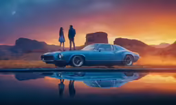 a man and woman standing near a car